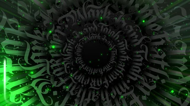 Abstract motion graphic animation green and black digital artwork with glowing calligraphy