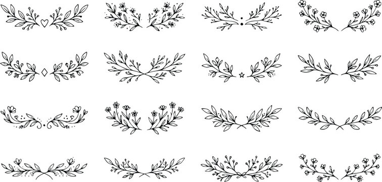 Hand drawn floral laurels and botanical dividers set, 16 black ink leaf branches, rustic wedding invitation borders in vector EPS format