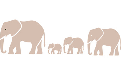 Fototapeta premium Minimalist flat elephant family walking in line, adult and baby elephants, simple vector illustration, isolated.