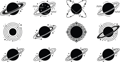 Outer space saturn planets with rings astronomy stars cosmos celestial universe galaxy black silhouette vector icons collection © MdRakib