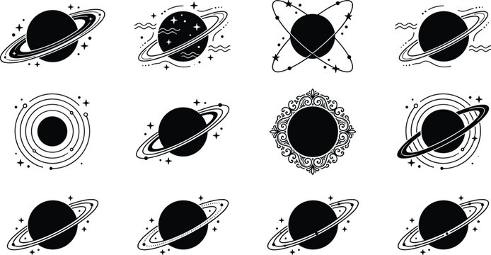 Outer space saturn planets with rings astronomy stars cosmos celestial universe galaxy black silhouette vector icons collection