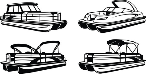 Pontoon boats vector graphics collection featuring luxury leisure deck motorboats with canopy tops isolated on white background © MdRakib
