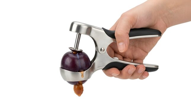 A person holds a tool designed to pit a plum. The plum is placed inside the tool. Juice from the fruit drips down as the pitting process takes place