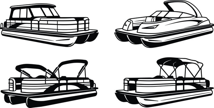 Pontoon boats vector graphics collection featuring luxury leisure deck motorboats with canopy tops isolated on white background