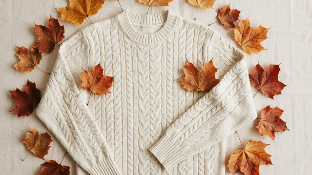 White knitted sweater with autumn leaves clothing seasonal handmade cashmere