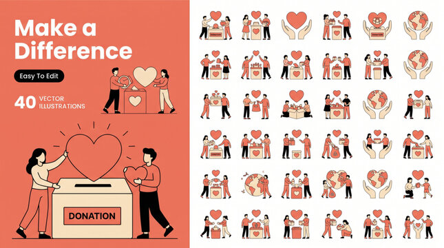 Donation illustrations. Vector concepts of people giving hearts and food to charity boxes. Creative illustrations for graphic, web design, marketing, business, social issues, community support.