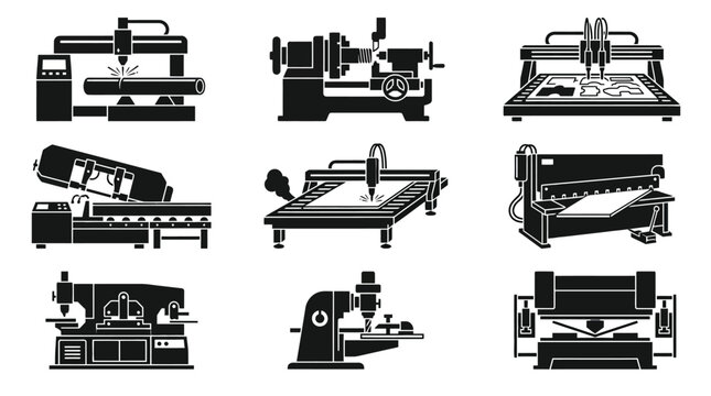 Industrial machinery and CNC equipment icon set.