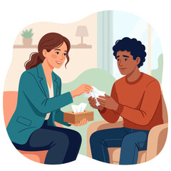 Fototapeta premium Therapist Offers Tissues to Sad Patient in Counseling Session
