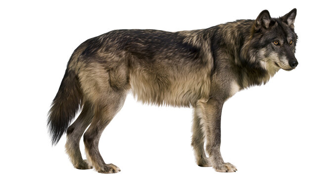 Gray wolf standing profile view with alert expression
