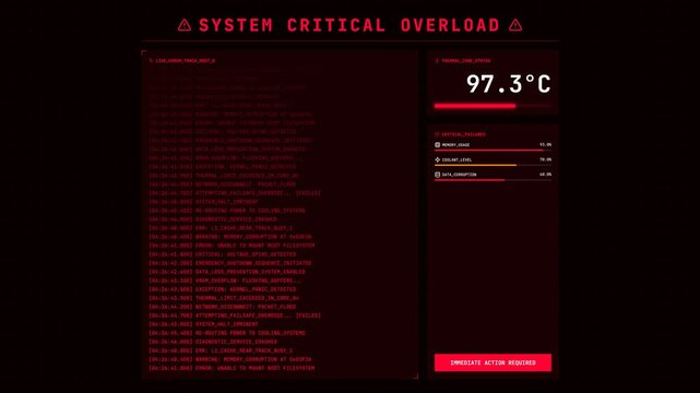 System Overload Computer HUD with Red Scrolling Data and Temperature Rising to Critical Levels on Black Background.