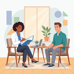 Fototapeta premium Therapist and Patient Talking in a Cozy Office with Plants and Geometric Shapes