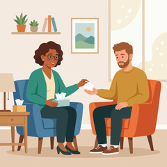 Obraz premium Therapist comforting distressed patient with tissues during counseling session. Mental health support illustration.