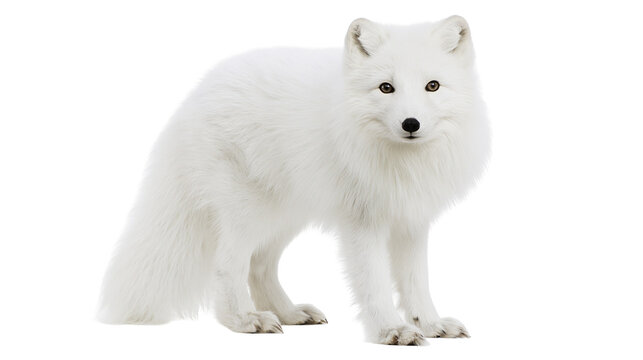 Arctic fox with white fur standing on white