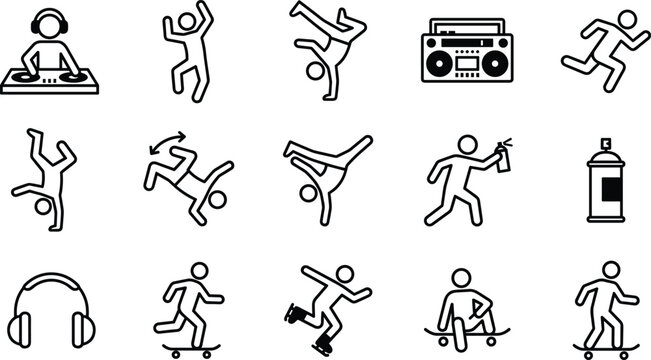 Street hip hop culture vector icons collection featuring breakdancers skateboarders boombox graffiti artist rollerblading and dj mixing music