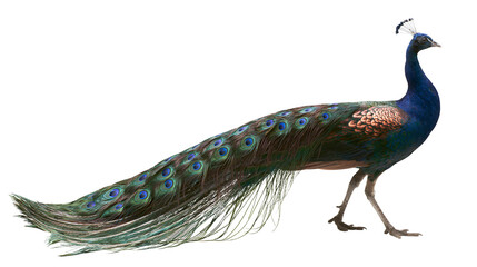 Peacock bird with iridescent blue and green feathers and eye spots © Maria