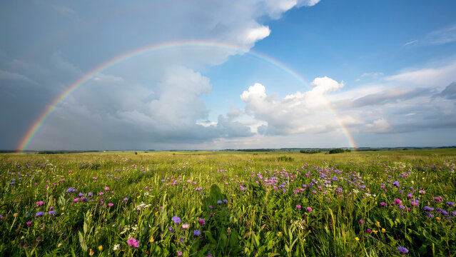 Double rainbow spanning across a lush green field with wildflowers under