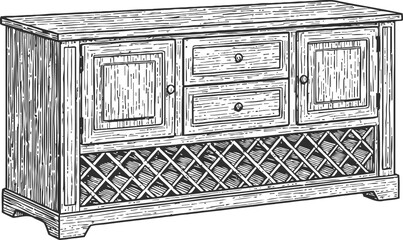 Fototapeta premium Vintage wooden sideboard with drawers and lattice detail, classic storage cabinet furniture illustration