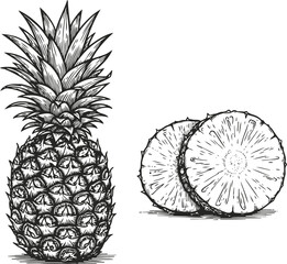 Obraz premium detailed vintage black and white pineapple illustration with sliced tropical fruit sections