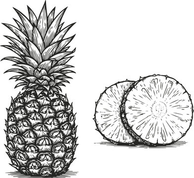 detailed vintage black and white pineapple illustration with sliced tropical fruit sections