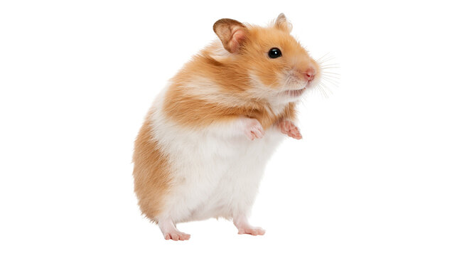 Syrian hamster with orange and white fur standing on hind legs