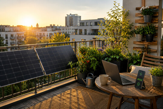 Solarmodule auf einem begr&uuml;nten Stadtbalkon bei Sonnenuntergang. Nachhaltiges Wohnen, private Solarenergie, Balkonkraftwerk, Urban Gardening und energieeffizienter Lifestyle.