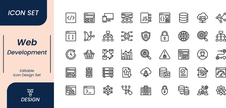 Web development icon set, line style vector collection for programming and technology