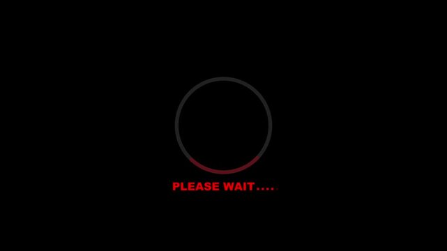 Loading circle spins in a simple digital interface with text indicating that the user must please wait while the system processes the request to display the content on the screen for the viewer now.