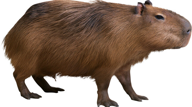 Brown capybara rodent with coarse fur standing on white