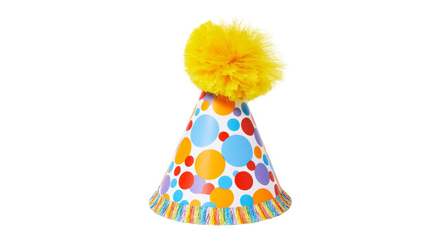 Party hat with yellow pom-pom and colorful polka dots