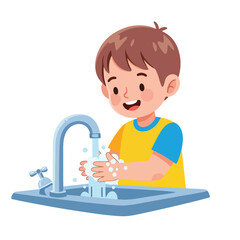A cheerful young boy with brown hair is diligently washing his soapy hands under a flowing blue faucet in a clean, modern bathroom sink.
