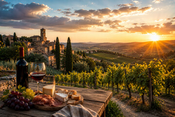 Obraz premium Weinberg in der Toskana mit rustikalem Landhaus, gedecktem Tisch und Sonnenuntergang. Italienischer Wein, Genuss, mediterrane Landschaft, Kulinarik und luxuriöser Landurlaub.