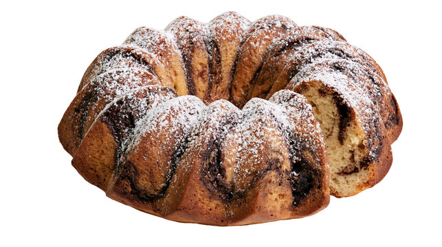 Swirled chocolate and vanilla bundt cake dusted with powdered sugar