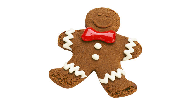 Gingerbread man cookie with red bow tie and white icing decorations
