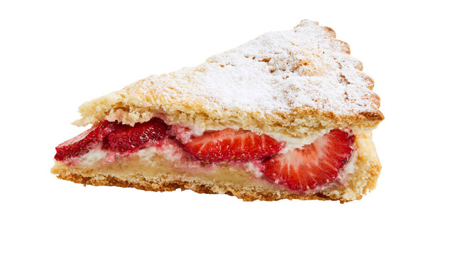 Slice of strawberry cake with cream and powdered sugar