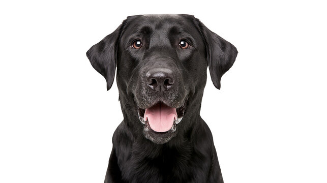 Black Labrador Retriever dog head portrait, panting with tongue out