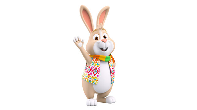 Cartoon rabbit waving hand wearing colorful vest and scarf