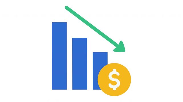 Flat vector animation of bar chart graph with downward green arrow and dollar coin, financial report and cost reduction concept.