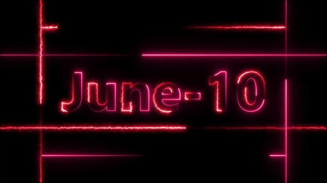 June 10 neon bright calendar date red color animation Futuristic Schedule Concept. Neon bright 10 June date text red color animation. Suitable for event promotion, important.