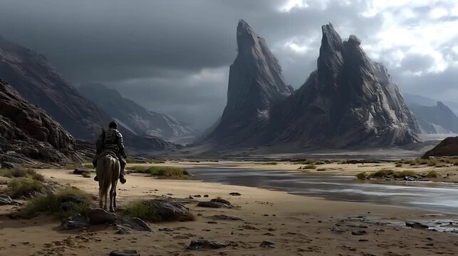 Lone rider traveling through a rocky mountain valley.