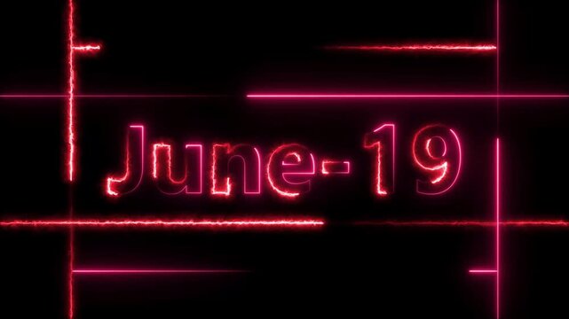 June 19 neon bright calendar date red color animation Futuristic Schedule Concept. Neon bright 19 June date text red color animation. Suitable for event promotion, important.