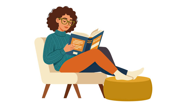 Woman Reading A Book On A Chair Against A White Background