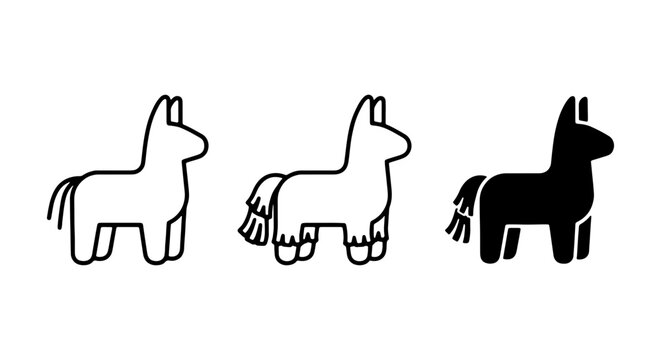 Donkey Pinata Icons, Festive Celebration Vector Graphics, Party Game Symbols, Outline and Silhouette