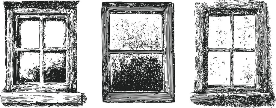 Three rustic hand drawn wooden window frames with divided glass panes illustration