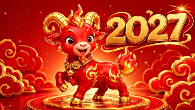 Cute Red Firey  Goat Mascot   Greeting for 2027 Chinese New Year Greeting
