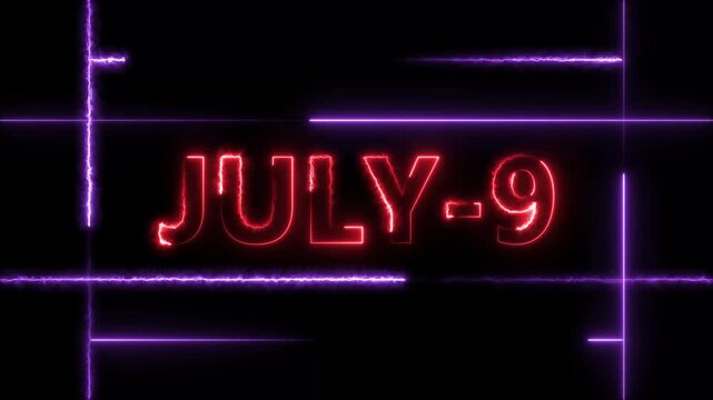 July 9 neon bright calendar date red color animation Futuristic Schedule Concept. Neon bright 9 July date text red color animation. Suitable for event promotion, important.