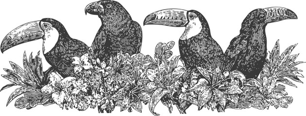 Obraz premium four tropical toucans perched among lush leaves and exotic flowers in detailed black and white illustration