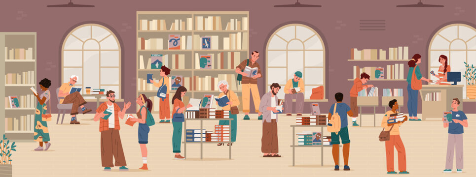 Bookstore interior with diverse people reading, choosing, buying and discussing books flat vector illustration. Bookshop with customers.