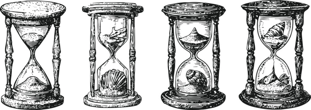 Vintage hourglasses with seashells inside antique sand timers drawn with detailed wooden frames and marine elements illustration