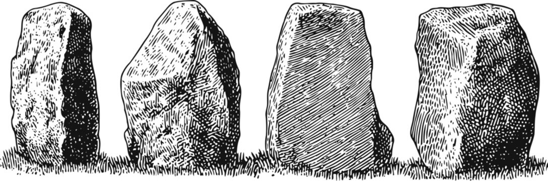 Ancient standing stones in a row, detailed vintage engraving of megalithic monoliths on grass