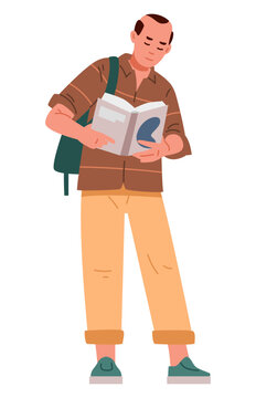 Man with a backpack standing reading a book flat vector illustration isolated on white.
